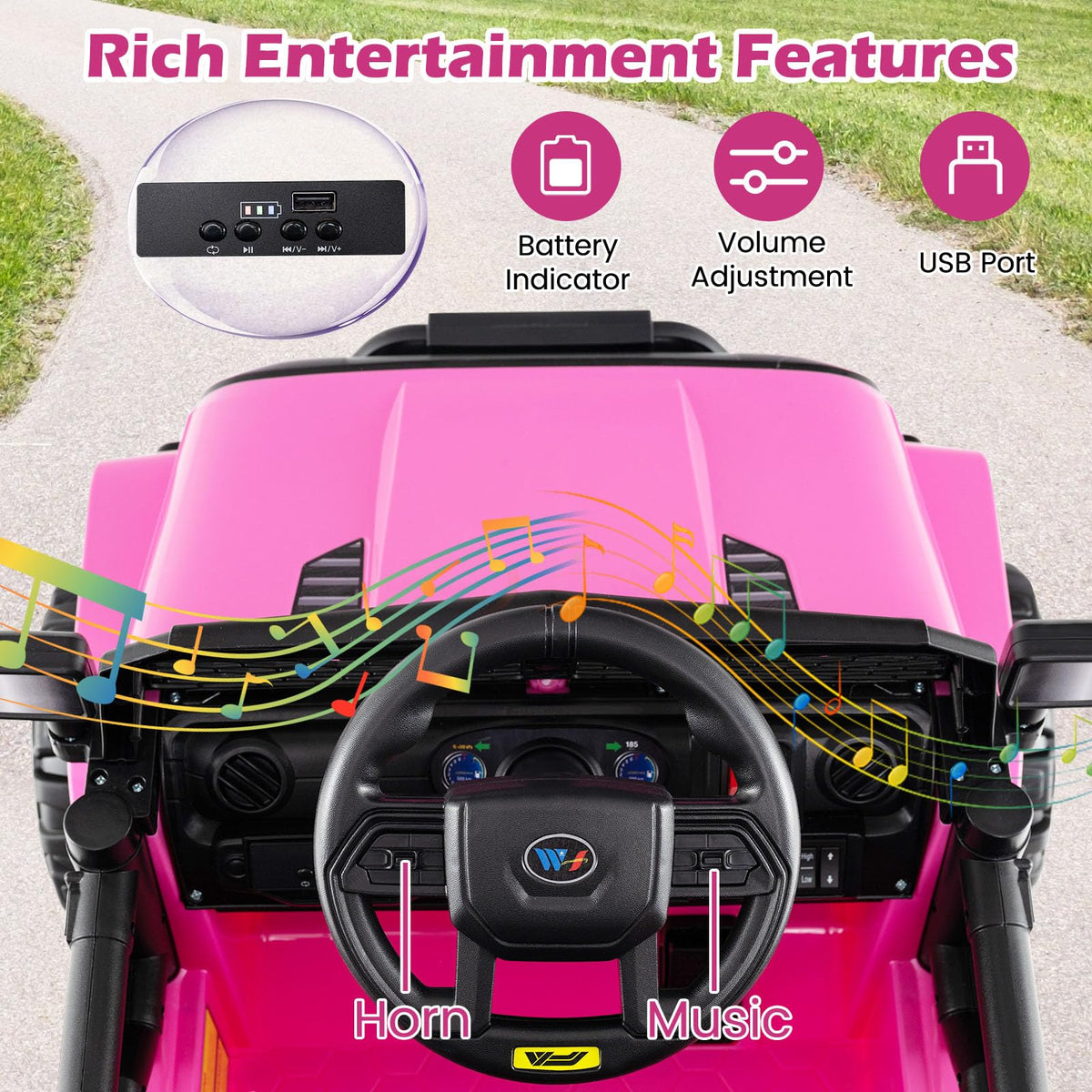 Costzon ride-on truck pink LED headlights for evening play