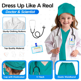COTATERO doctor scrubs costume lab coat front view; ideal for school career day costumes.