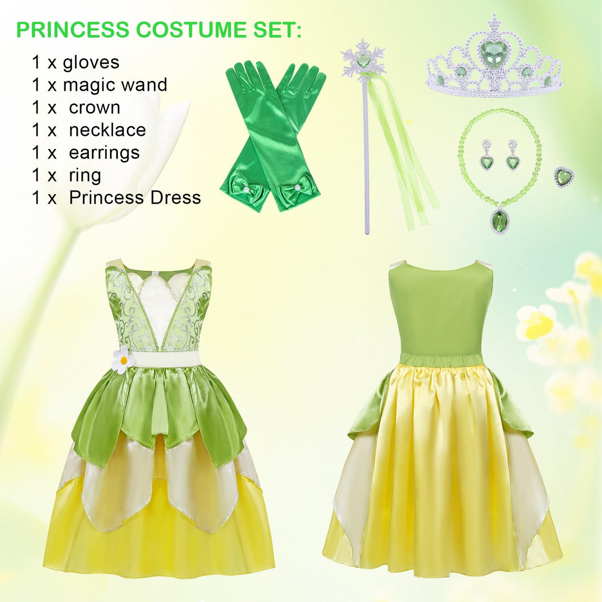 COTRIO Green Fairy Tale dress with crown, gloves, and wand for celebrations