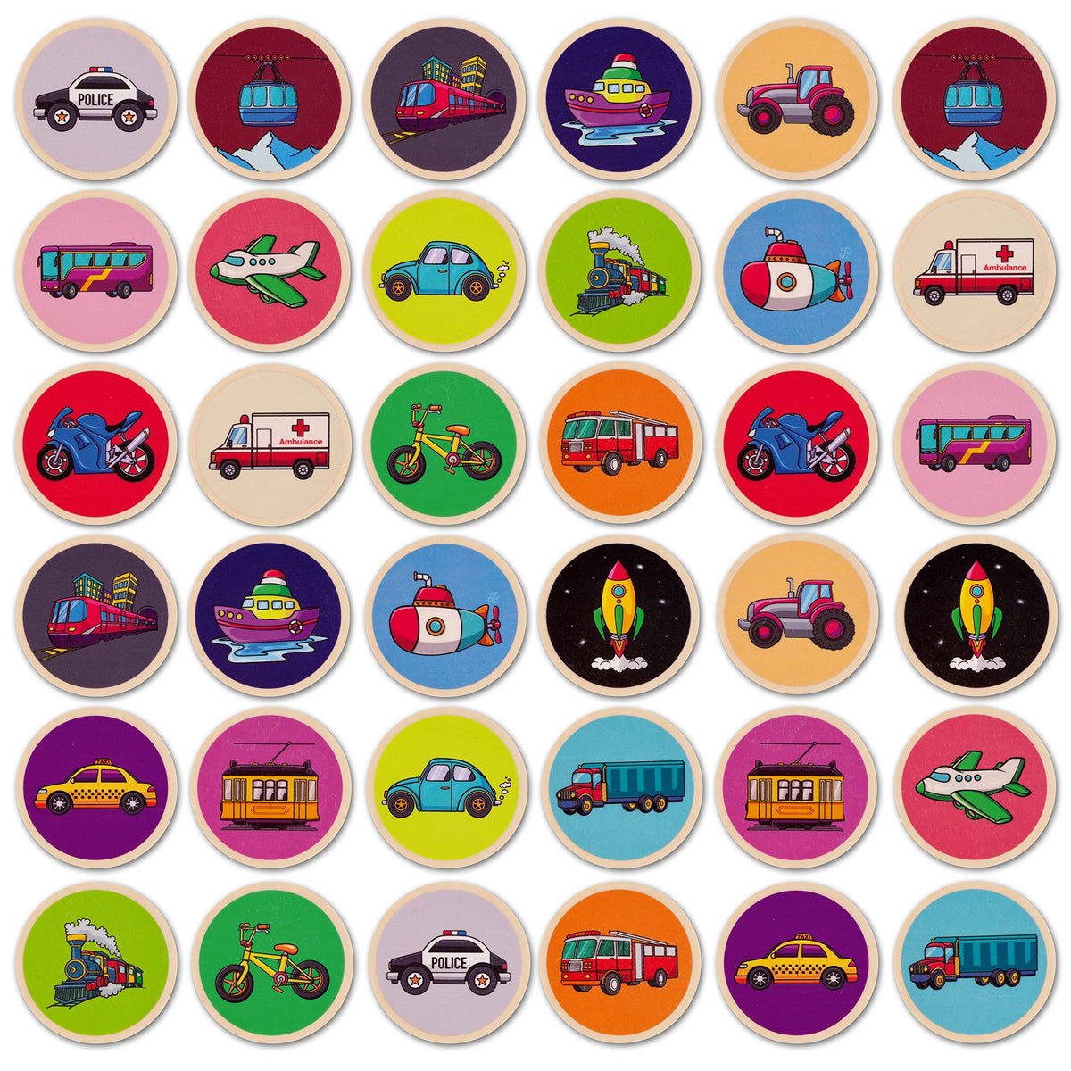 Cottify car, truck, plane, and train illustrations support color and shape recognition.