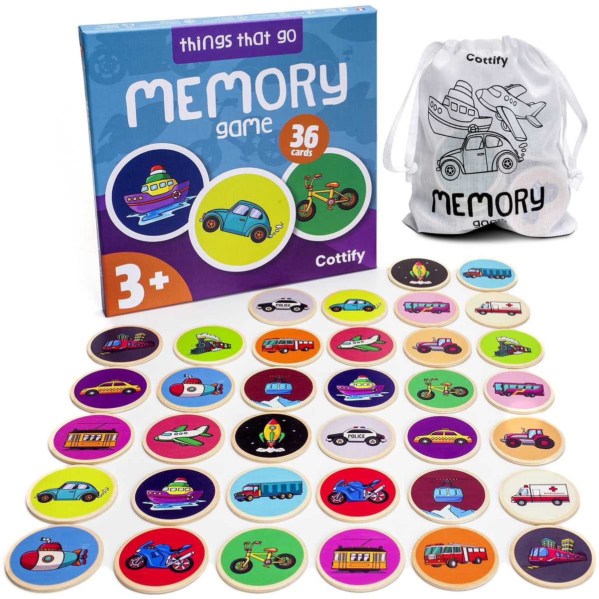 Cottify transport memory matching game with 36 cards for engaging early learning.
