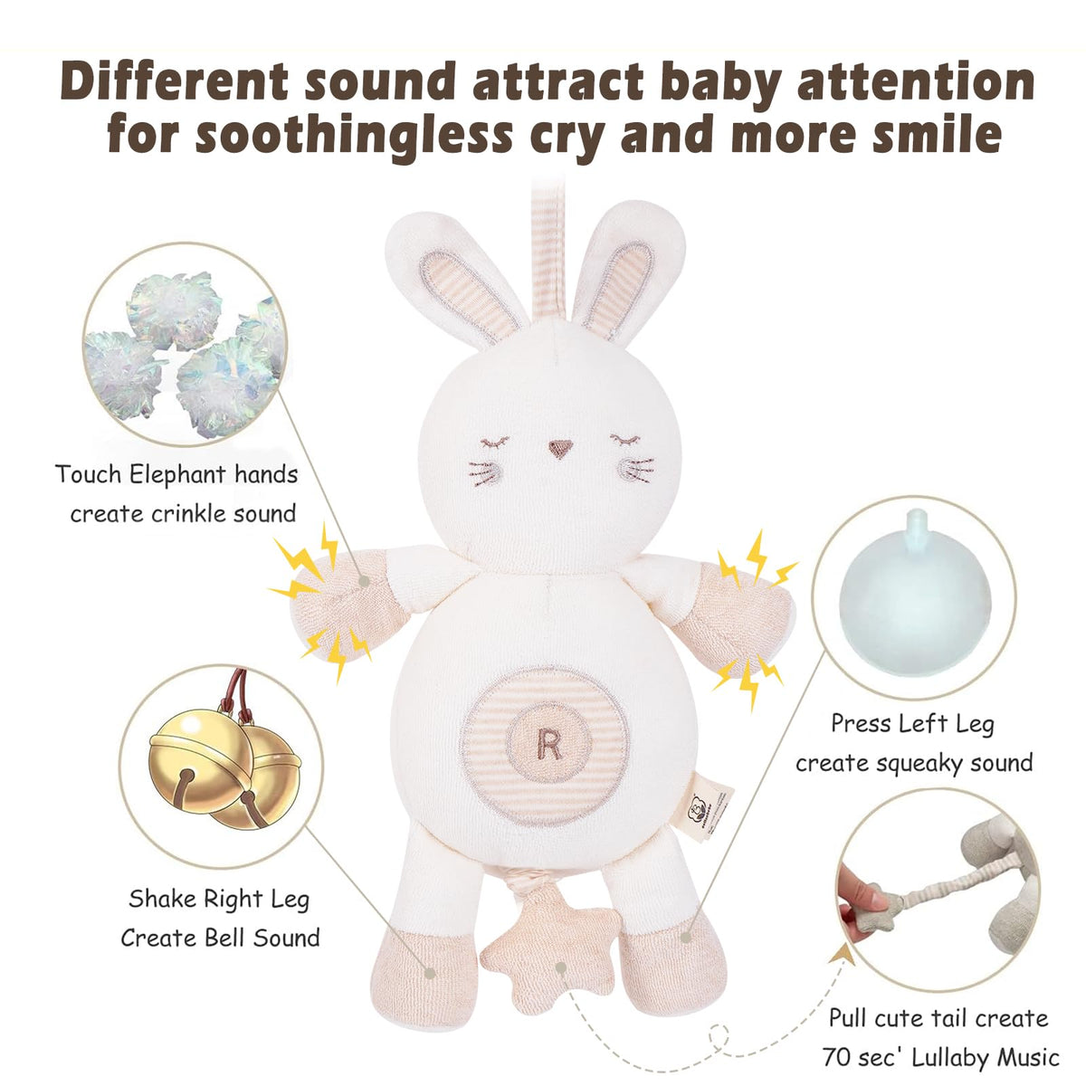 CottonBebe bunny toy features crinkle and squeak sounds for sensory play.