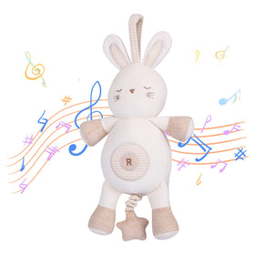 CottonBebe bunny toy with lullaby music calms newborns at bedtime.