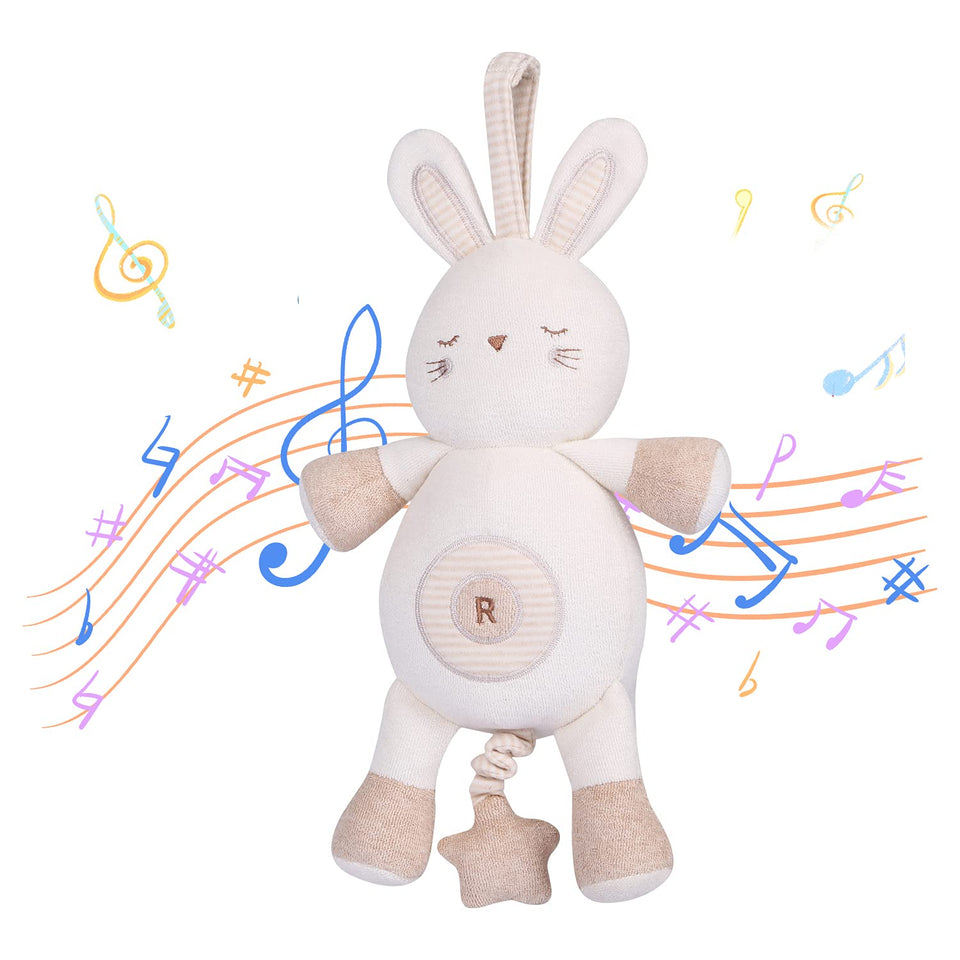CottonBebe bunny toy with lullaby music calms newborns at bedtime.
