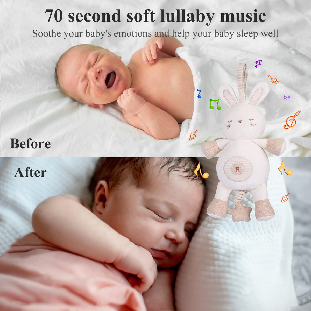 CottonBebe bunny toy pull-tail activates 55-second lullaby for soothing.