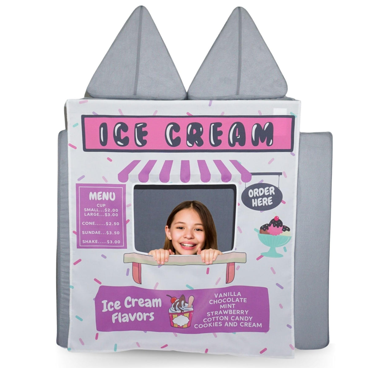 Couch Swag Ice Cream Store Play Panel attached to a sofa for imaginative play sessions.