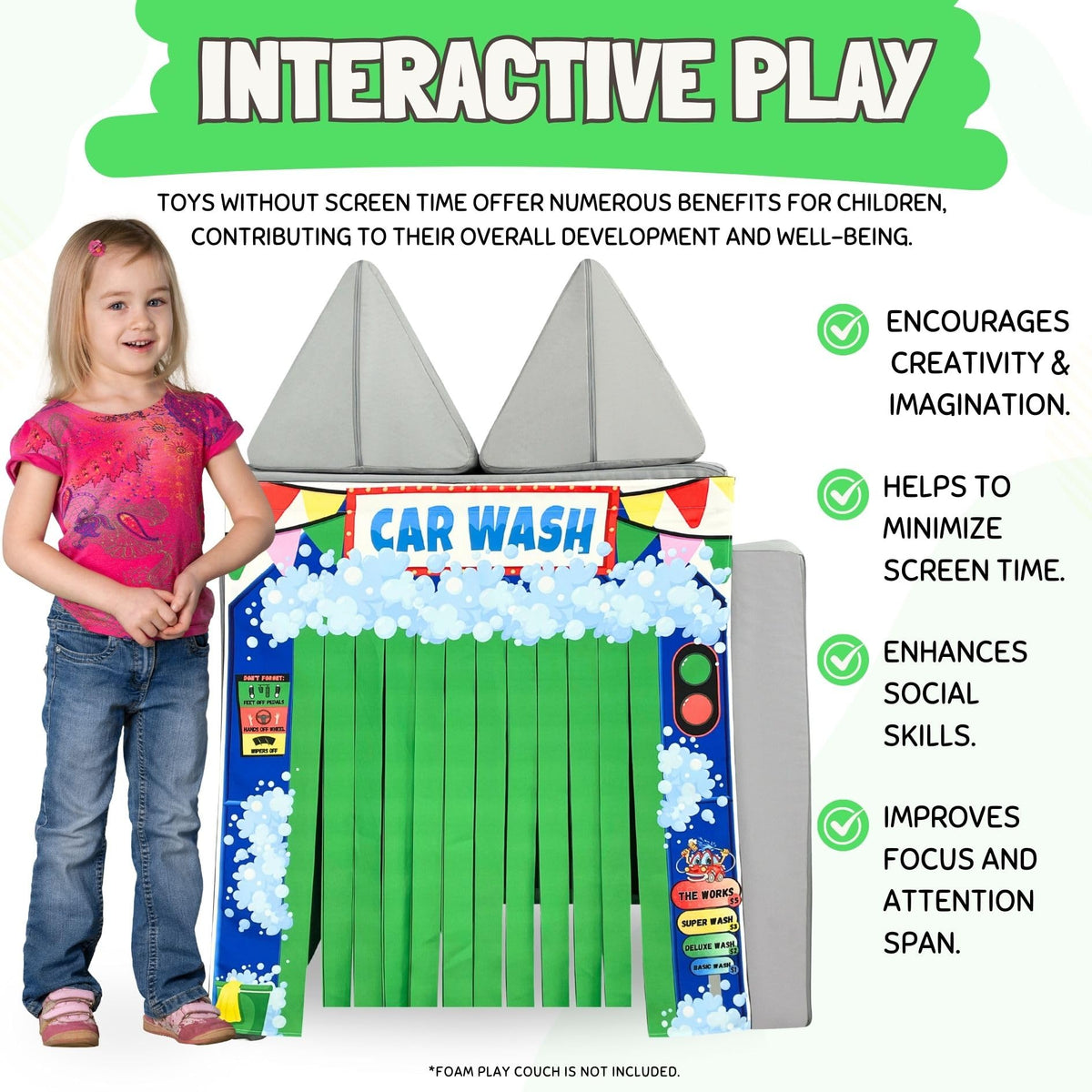 Couch Swag Play Panel Car Wash bubbles and brushes invite sensory exploration