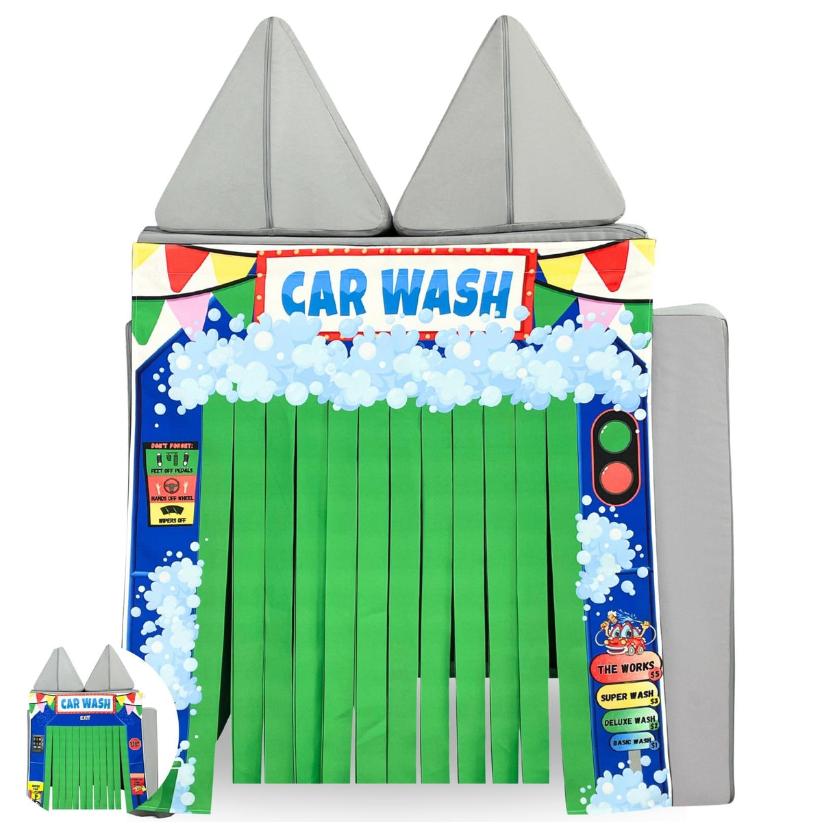Couch Swag Play Panel Car Wash front view with dangling brushes promotes imaginative play