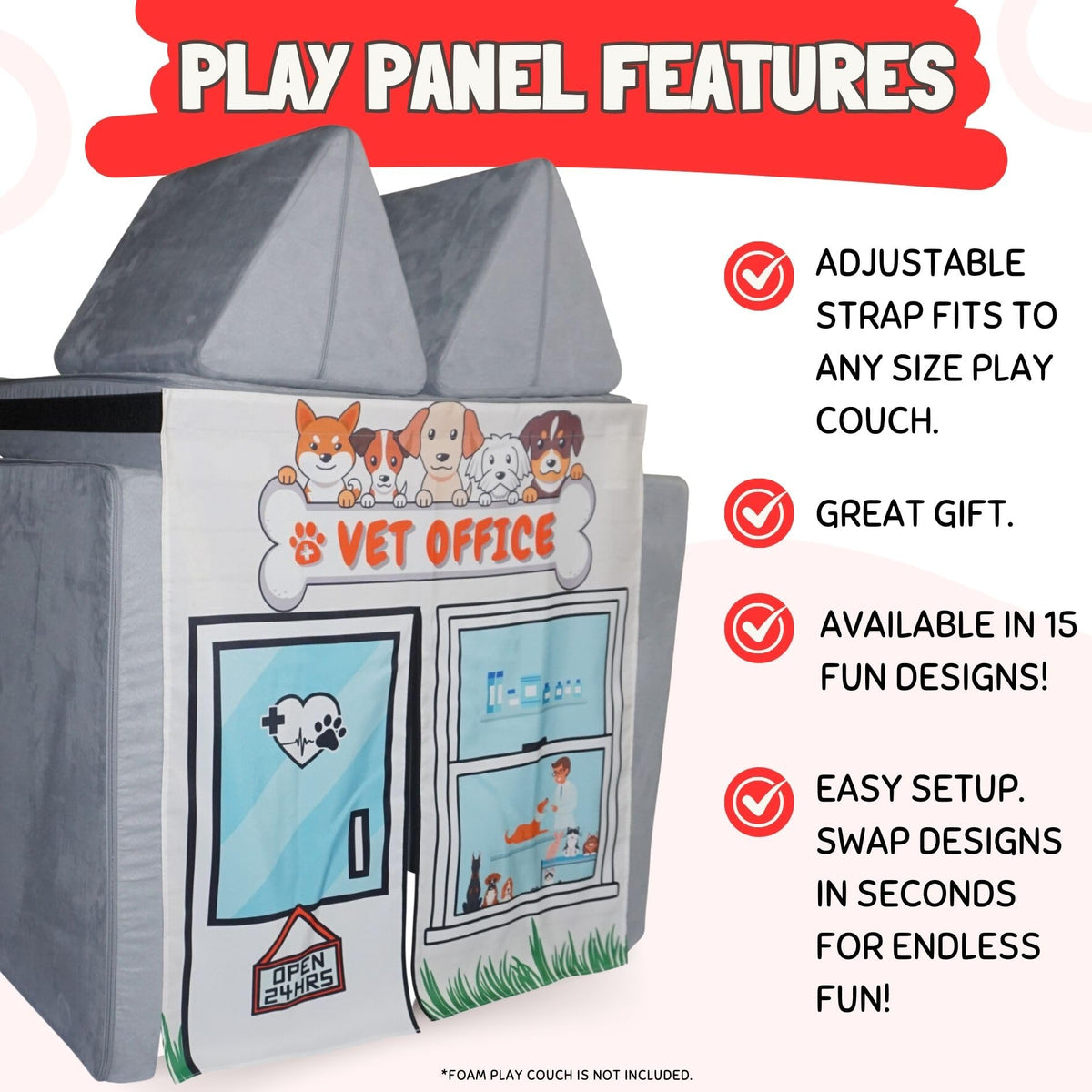 Couch Swag Vet Office panel supports diagnosing a plush bear through play.