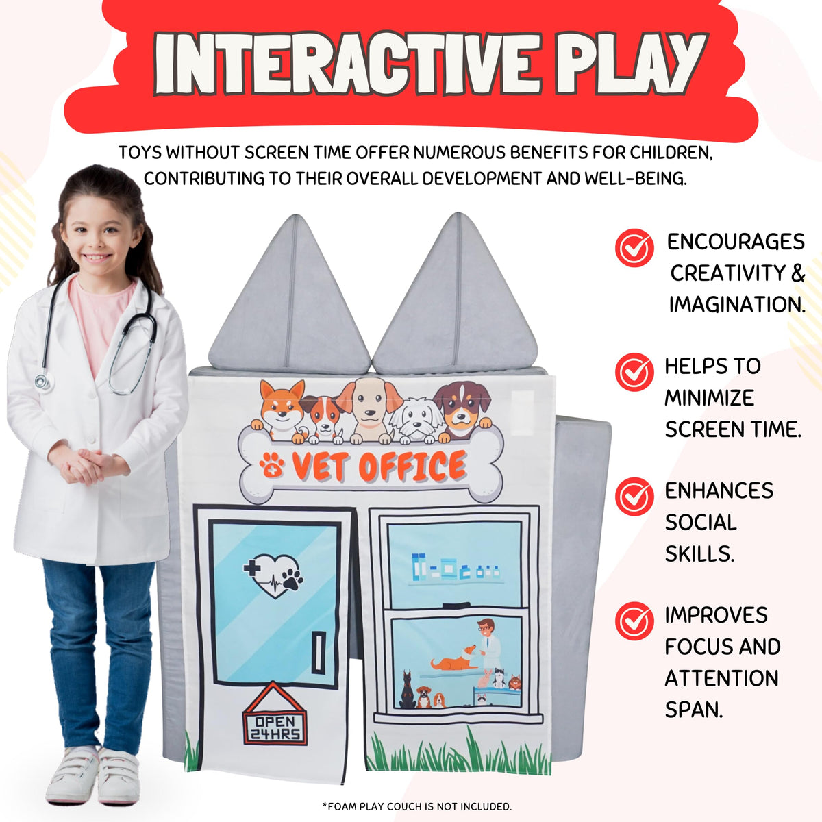 Couch Swag Vet Office play panel sparks imaginary surgery play and storytelling.