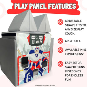 Adjustable Velcro straps secure the Hockey Play Panel to the sofa.