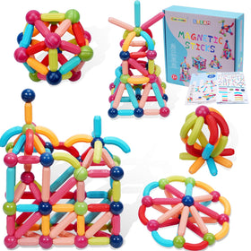 COUOMOXA 74-piece magnetic blocks set with colorful rods and balls for STEM play
