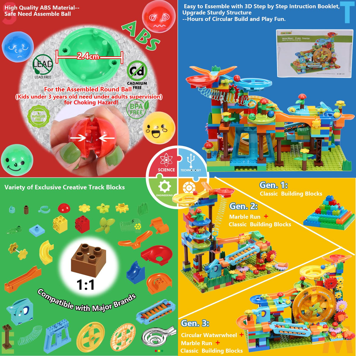 COUOMOXA Marble Run 233pcs gear lift supports independent building and spatial planning