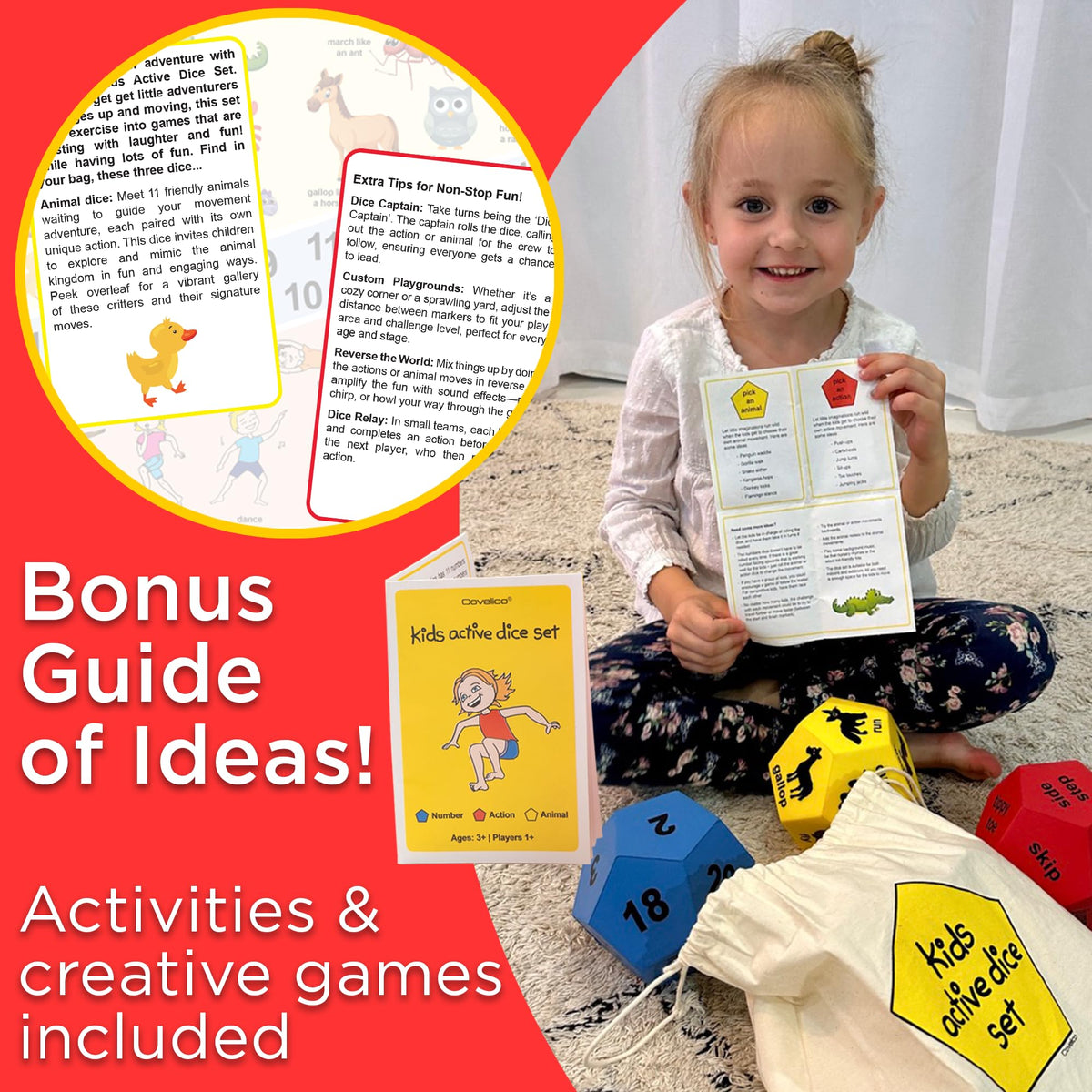 Covelico Exercise Dice made of soft foam for safe, kid-friendly use.