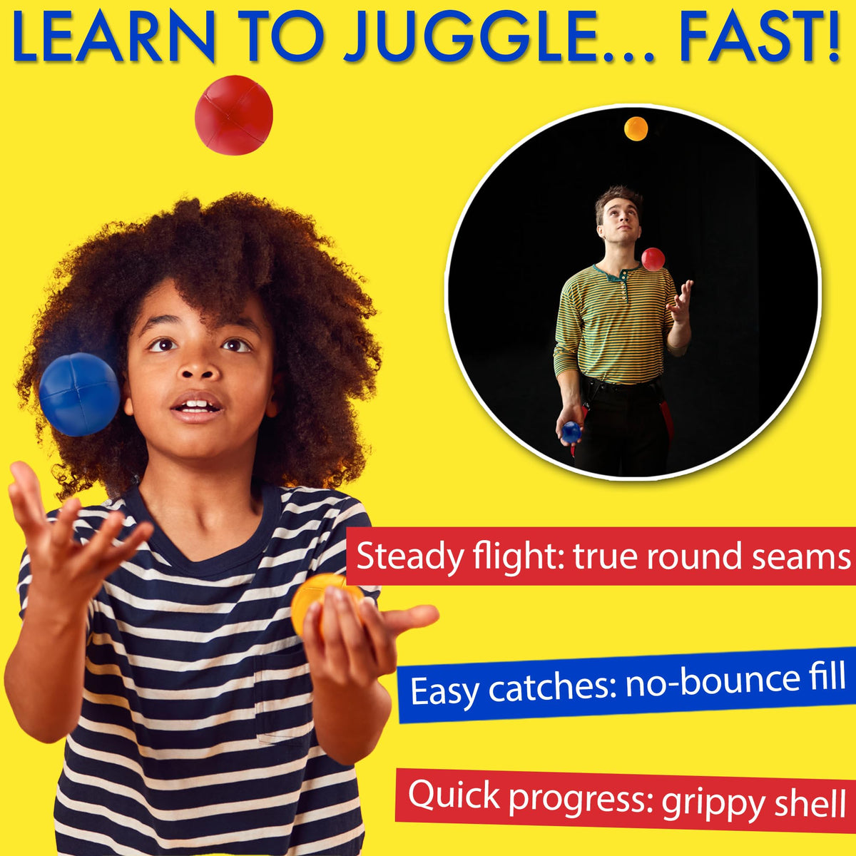 Covelico juggling balls blue, red, and yellow enhance contrast for pattern learning.