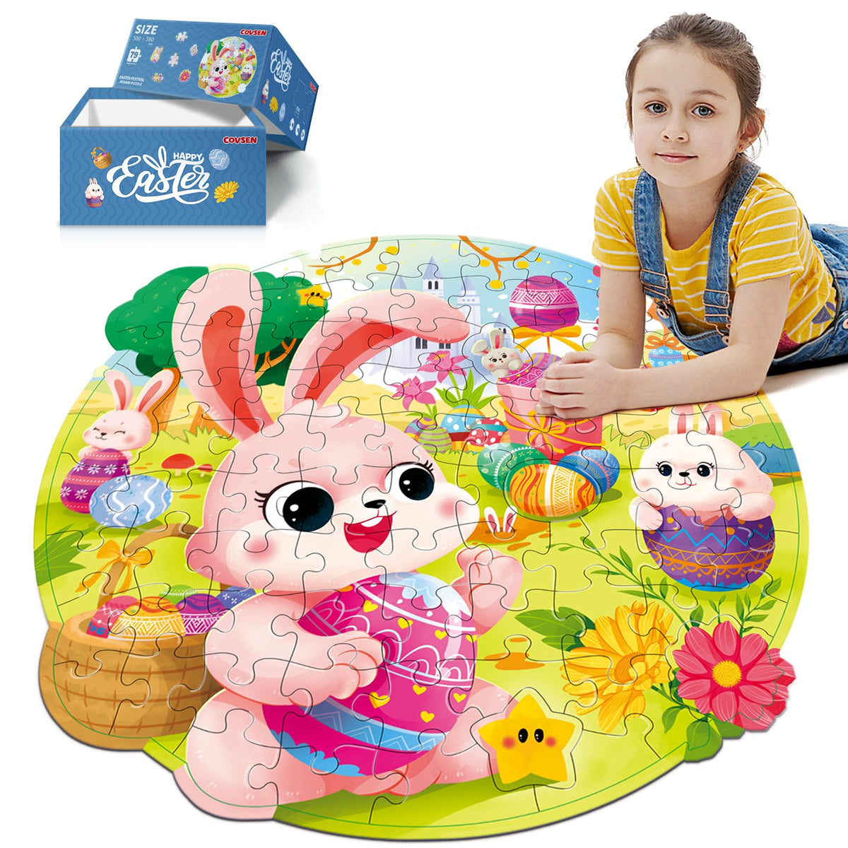 Covsen Easter Puzzles 79-piece box with a vivid Easter scene.