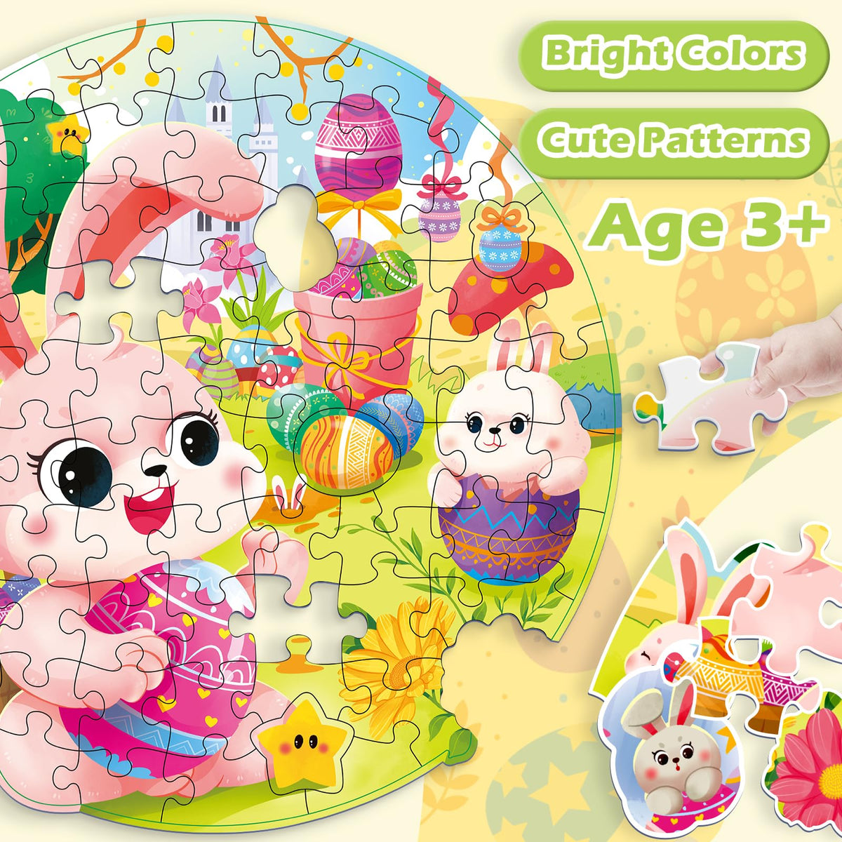 Covsen Easter Puzzles bunny eggs scene with bright colors to engage kids.