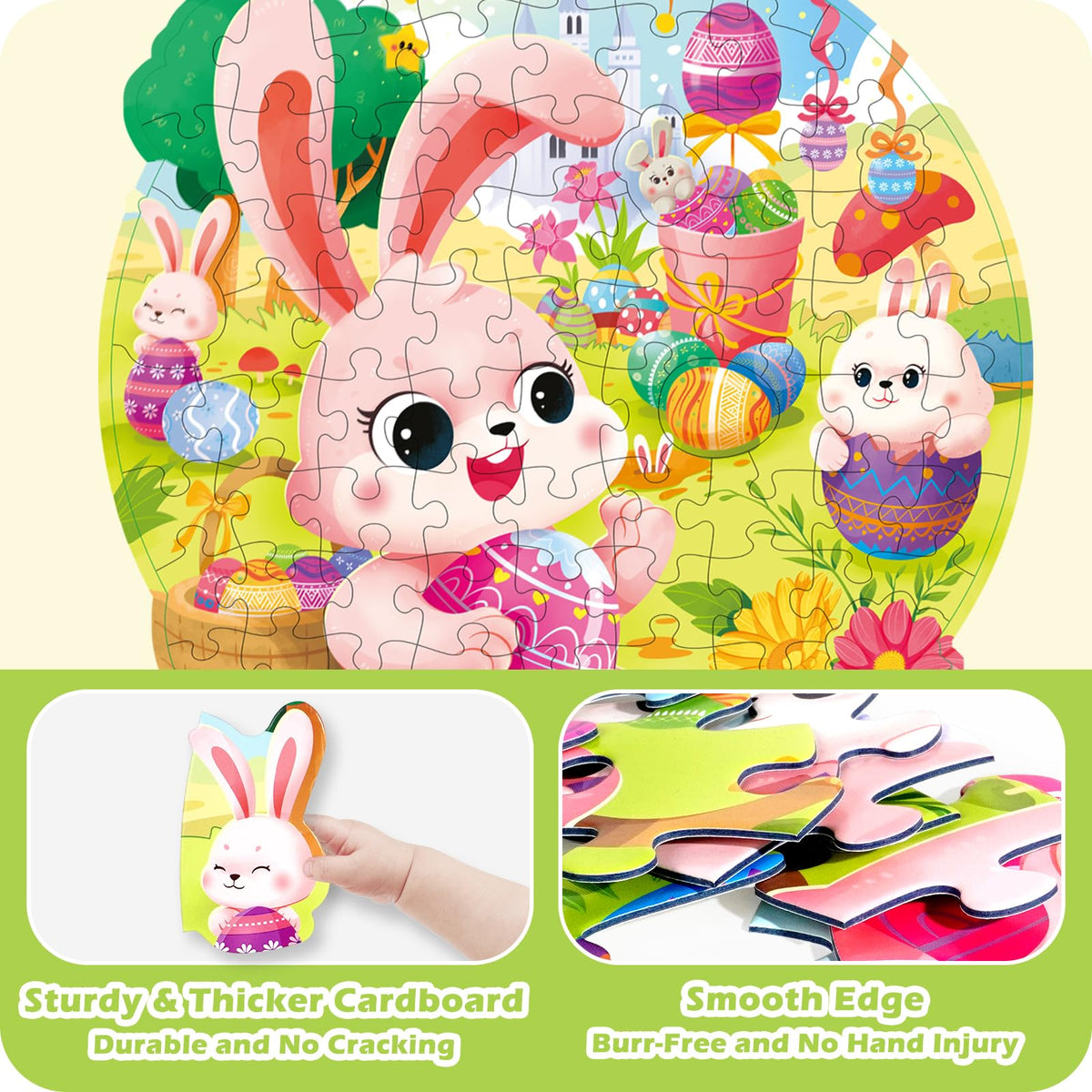Covsen Easter Puzzles colorful Easter elements including eggs, baskets, and flowers.