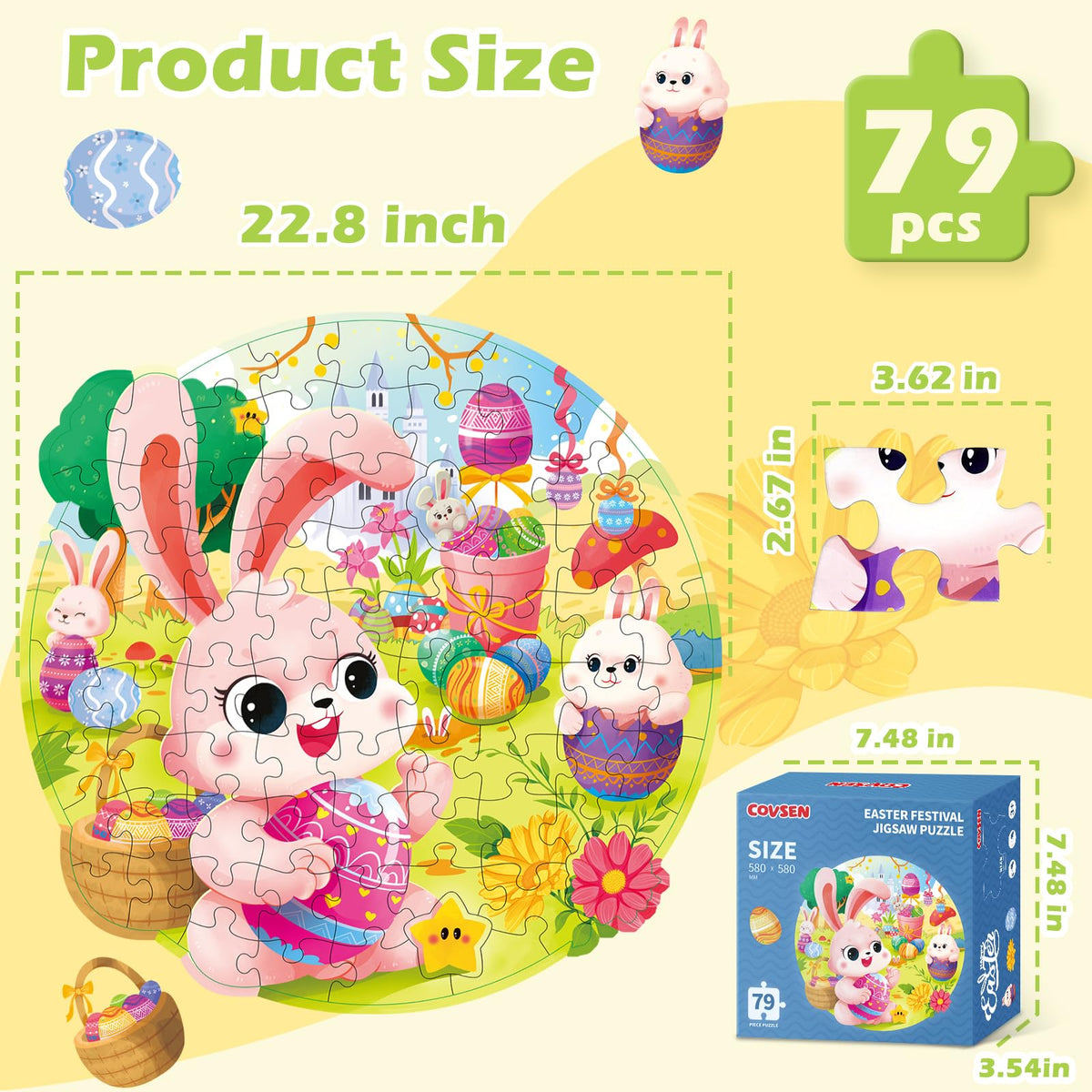 Covsen Easter Puzzles giant floor layout shows a 22.8 by 22.8 inch puzzle.
