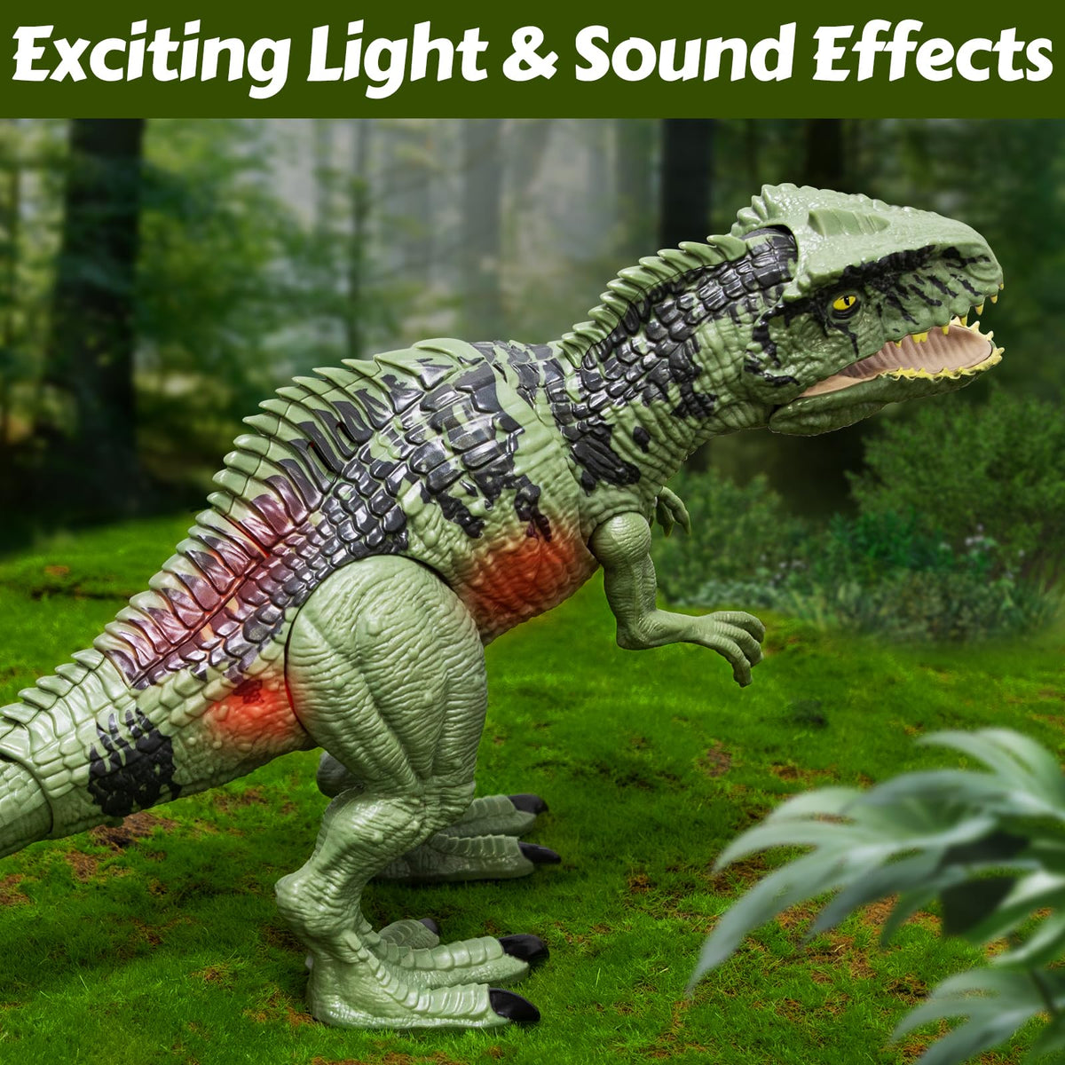 Covsen Giganotosaurus toy with glowing lights for dramatic play.