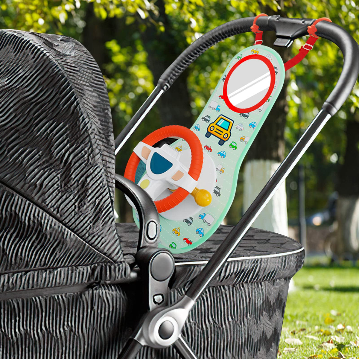 CovToy headrest-mount toy; easy installation on car seats, strollers, cribs.