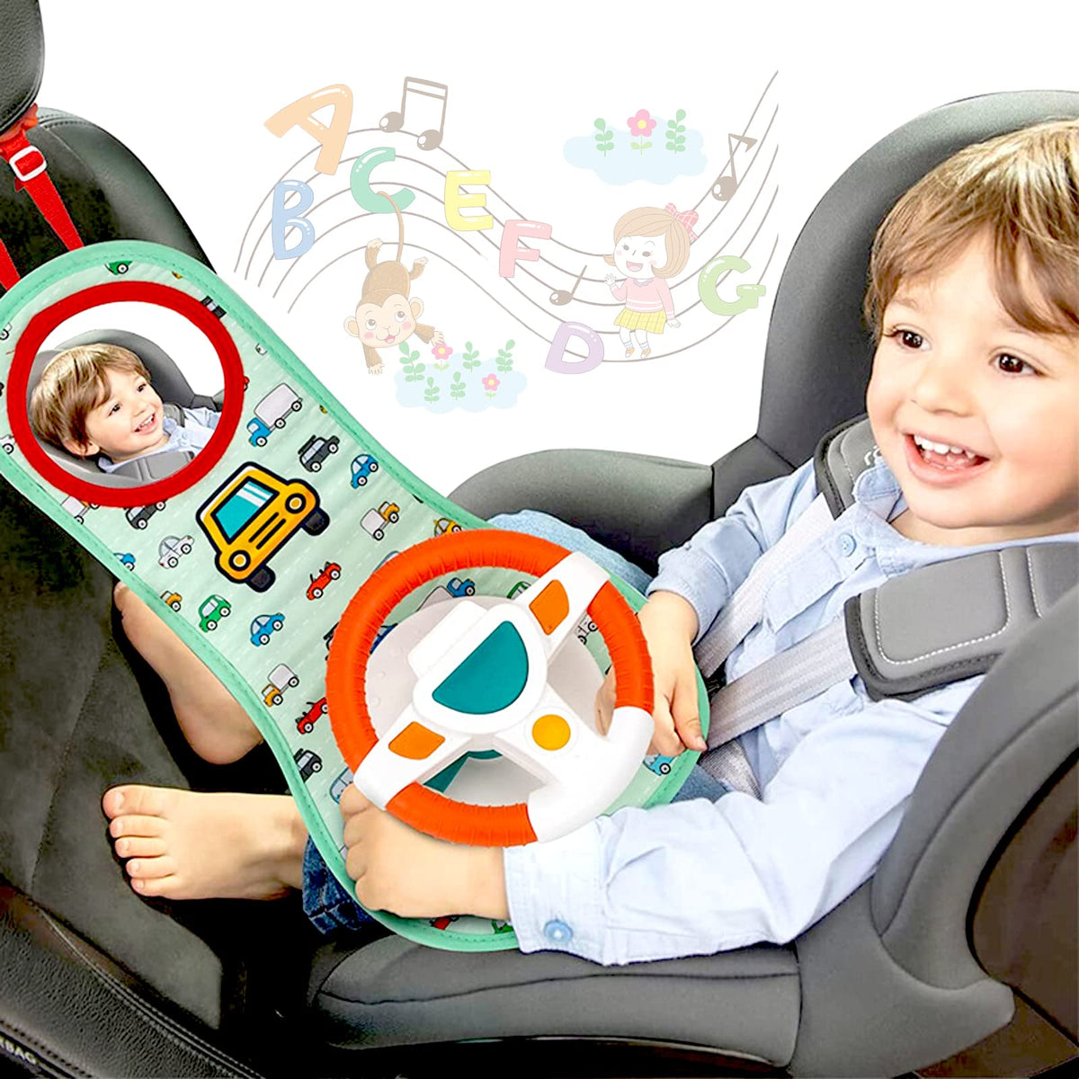 CovToy baby car-seat toy mirror; boosts baby's visual engagement during car trips.