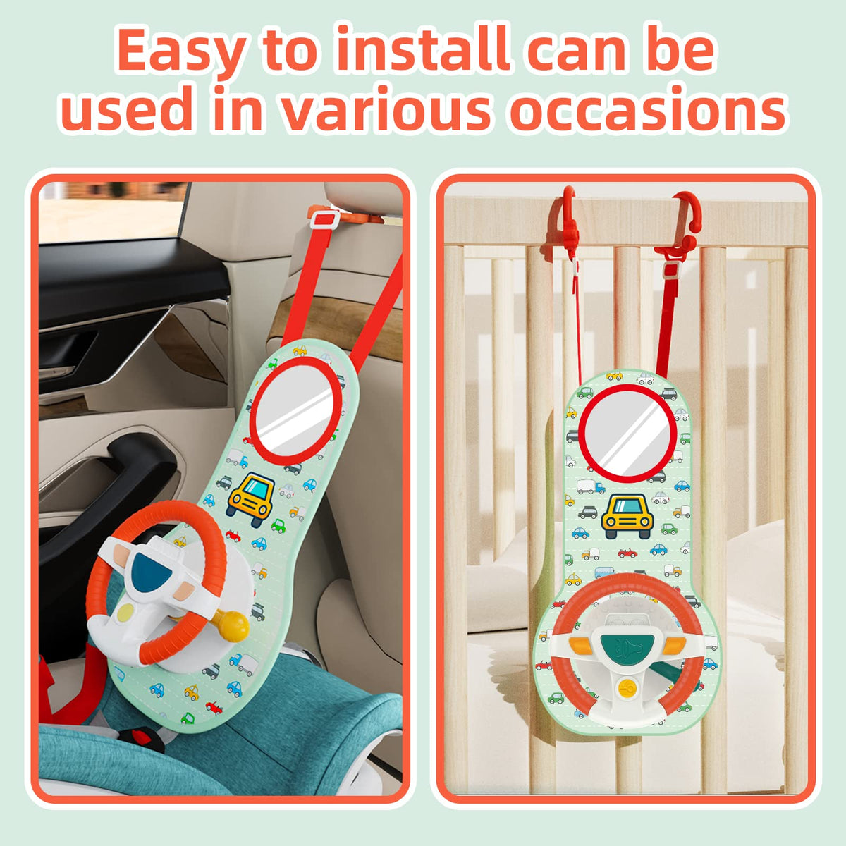 CovToy steering wheel toy; supports imitation of driving actions and fine motor play.