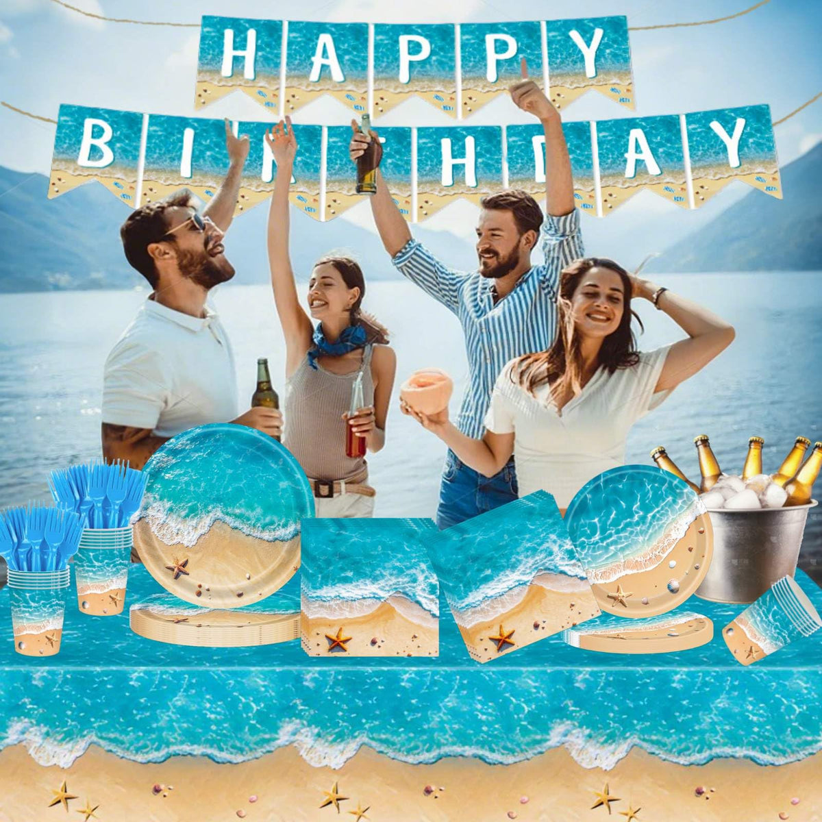 COWISARY beach party tablecloth creates a vibrant base for easy cleanup and style.