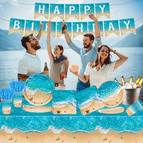 COWISARY beach party tablecloth creates a vibrant base for easy cleanup and style.