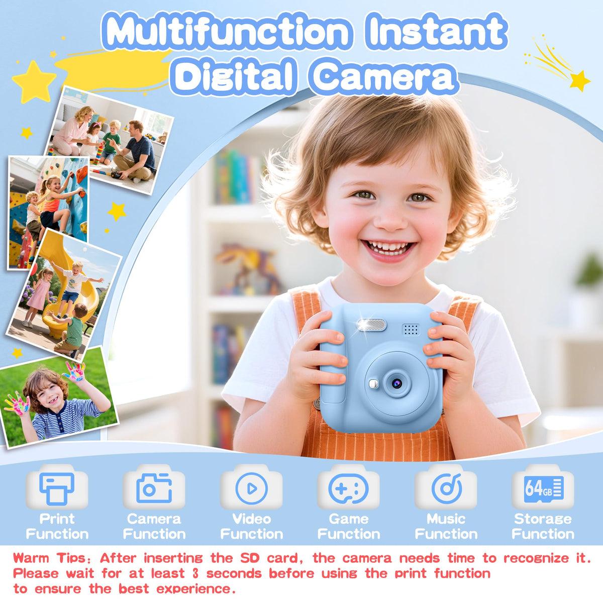 Coxlame Kids Camera Instant Print showing colorful printed photos