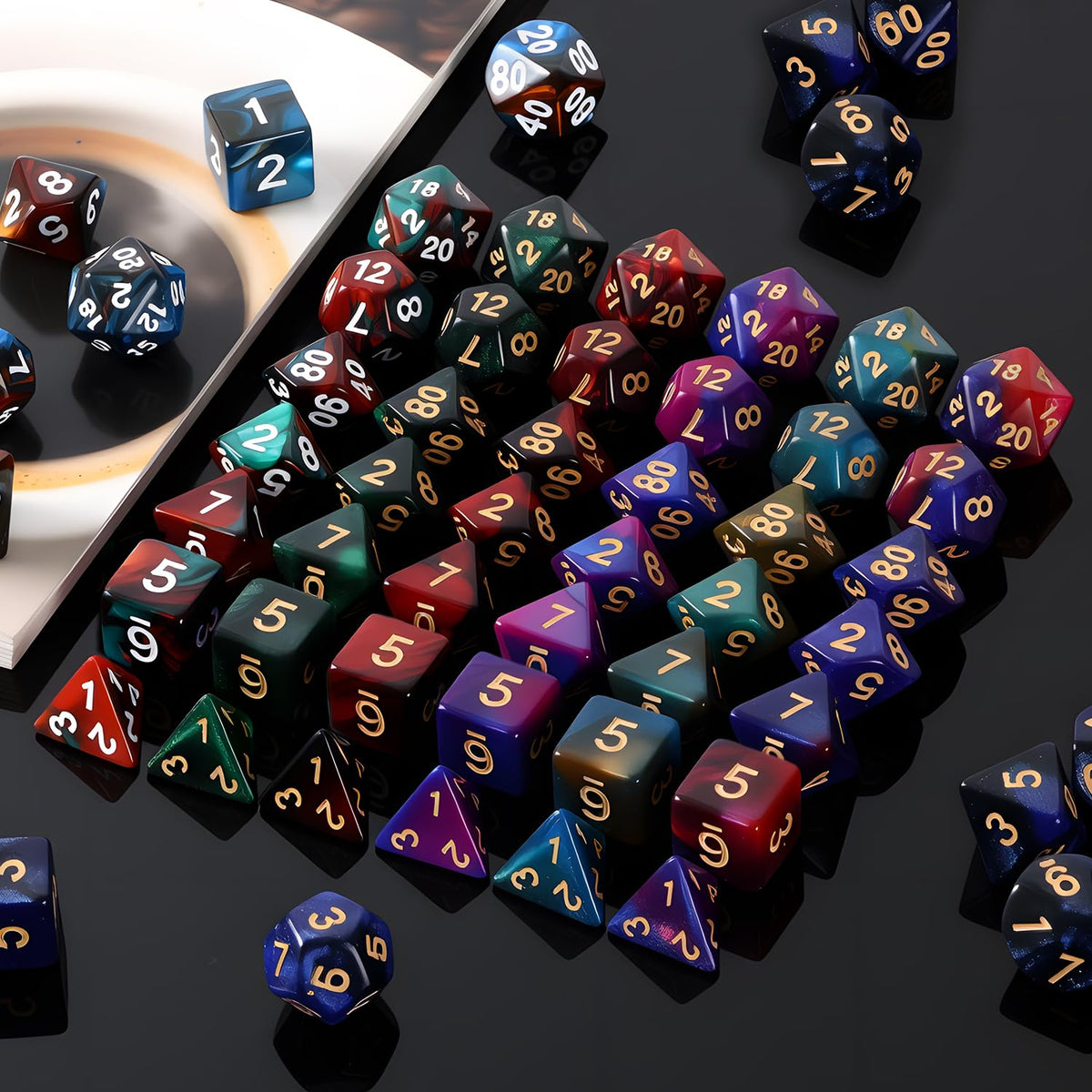 Coyeekn polyhedral dice set features D4, D6, D10, and percentile die.