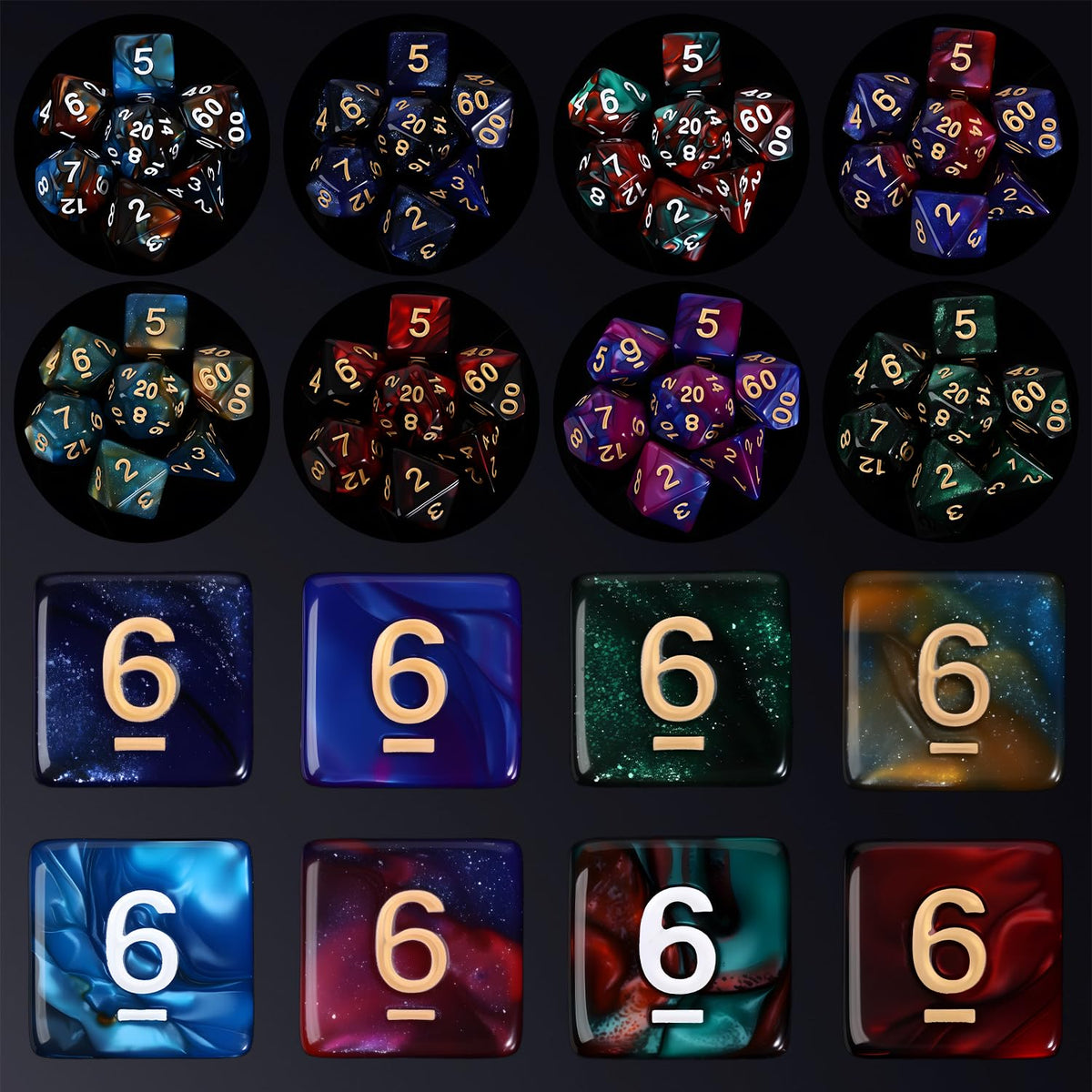 Coyeekn polyhedral dice set emphasizes D20, D12, D8 for diverse rolls.