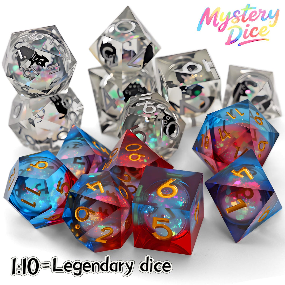 Coyeekn Mystery Dice Set seven polyhedral dice in bold colors for RPG sessions.