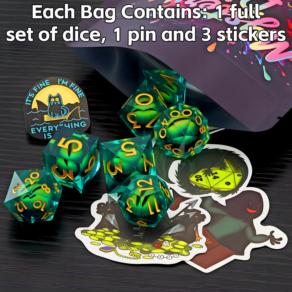 Coyeekn Mystery Dice Set enamel pin included for collection and display.