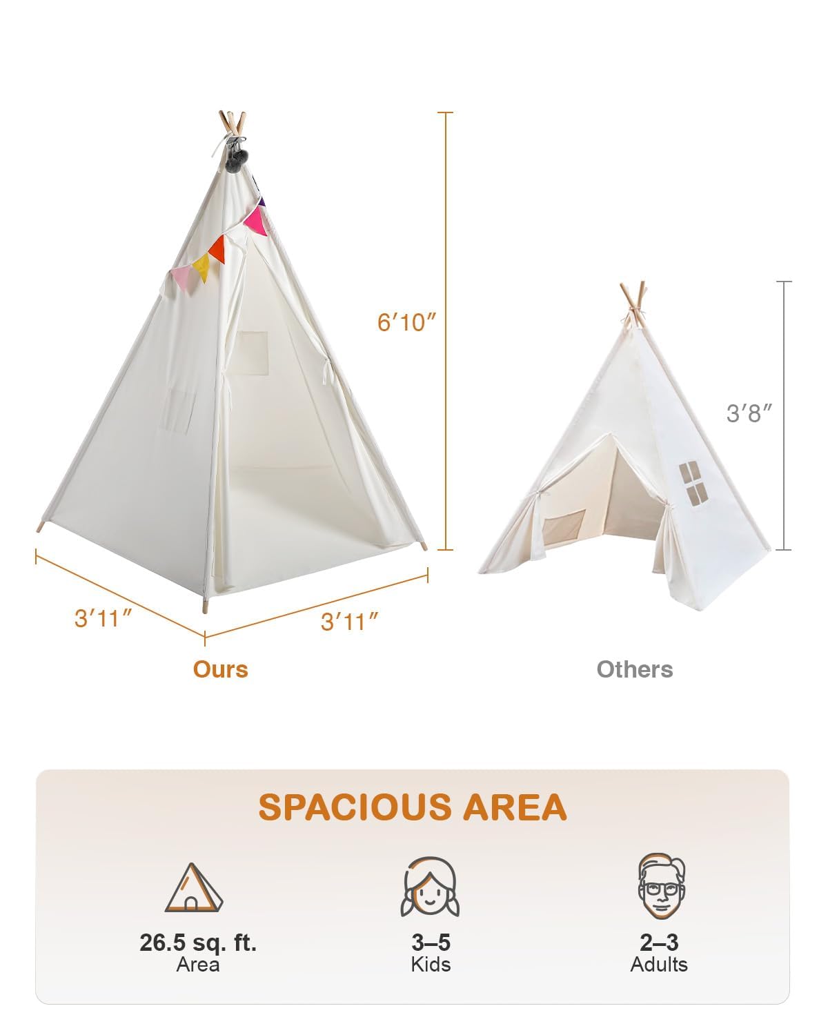 CO-Z large 85-inch teepee interior with curtains offers private space.