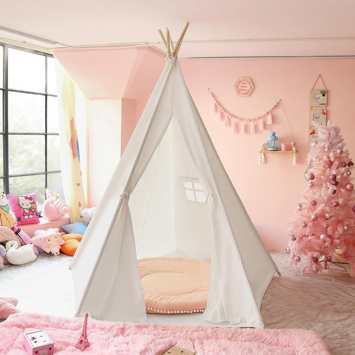 CO-Z large 85-inch teepee front view with sturdy pine poles for safe indoor play.