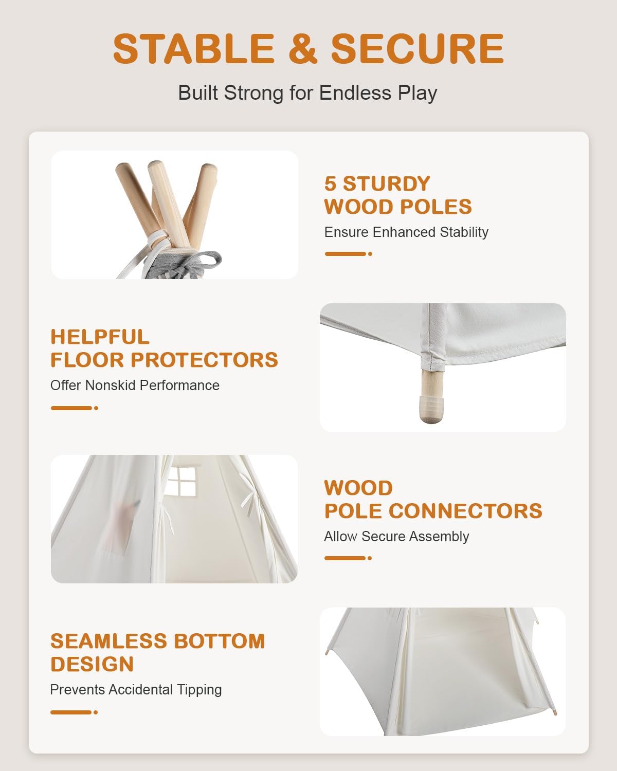CO-Z large 85-inch teepee pine wood poles provide a stable structure.