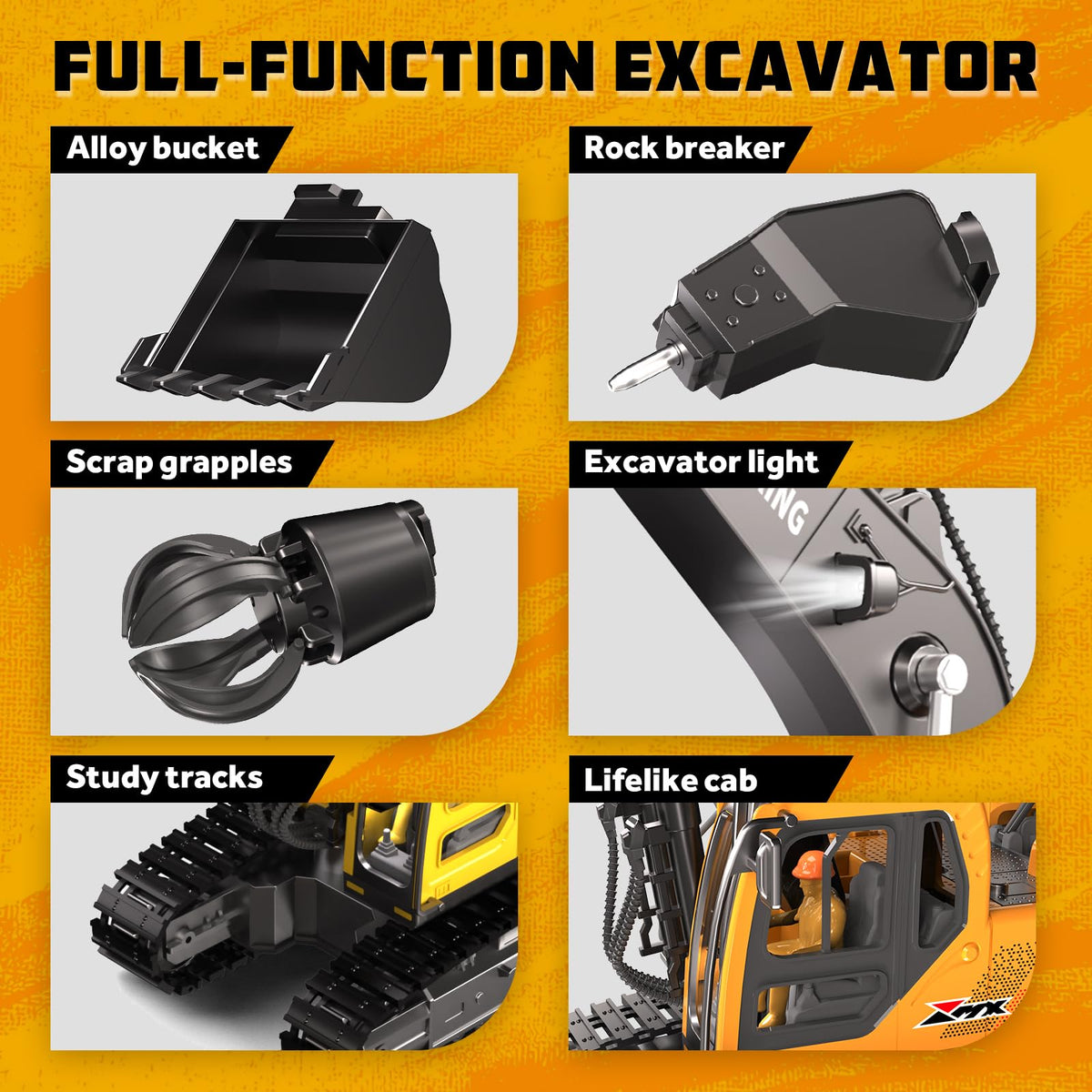 CozyBomB RC excavator with auger drill for soft terrain work.