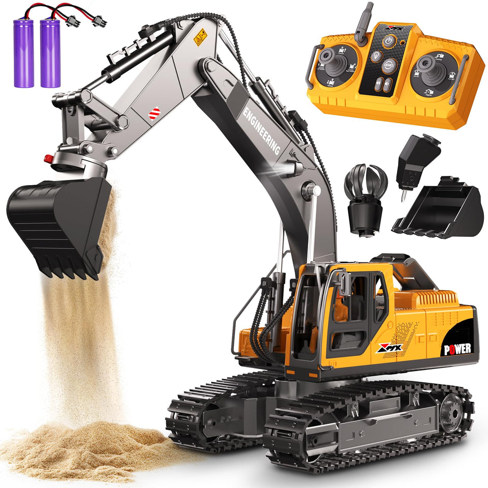 CozyBomB RC excavator with bucket for imaginative digging play.