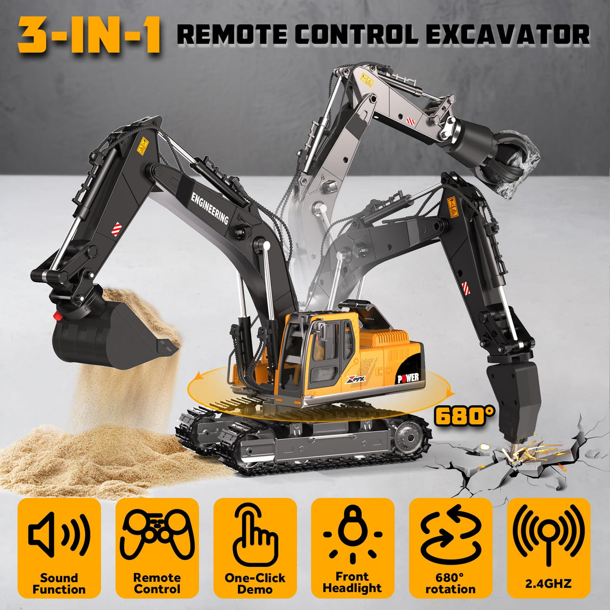 CozyBomB RC excavator with claw attachment for object grabbing.