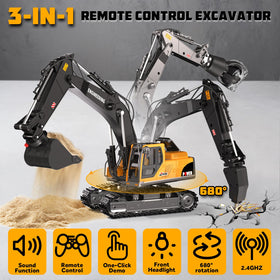 CozyBomB RC excavator with claw attachment for object grabbing.