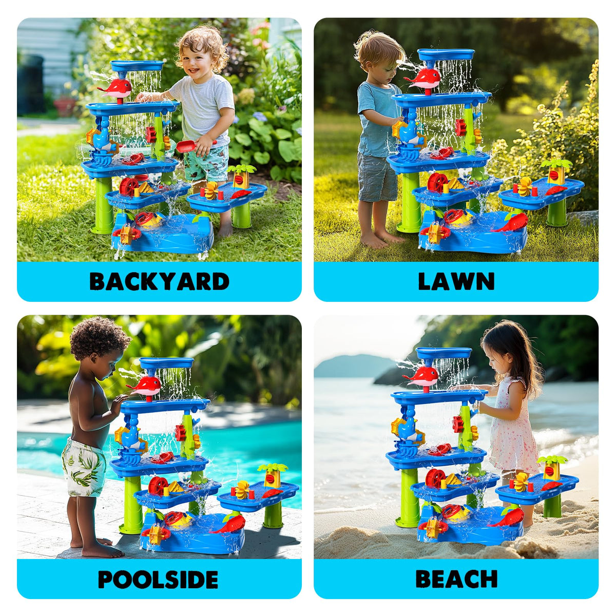 CozyBomB splash bucket and water wheel provide hands-on splash fun outdoors.