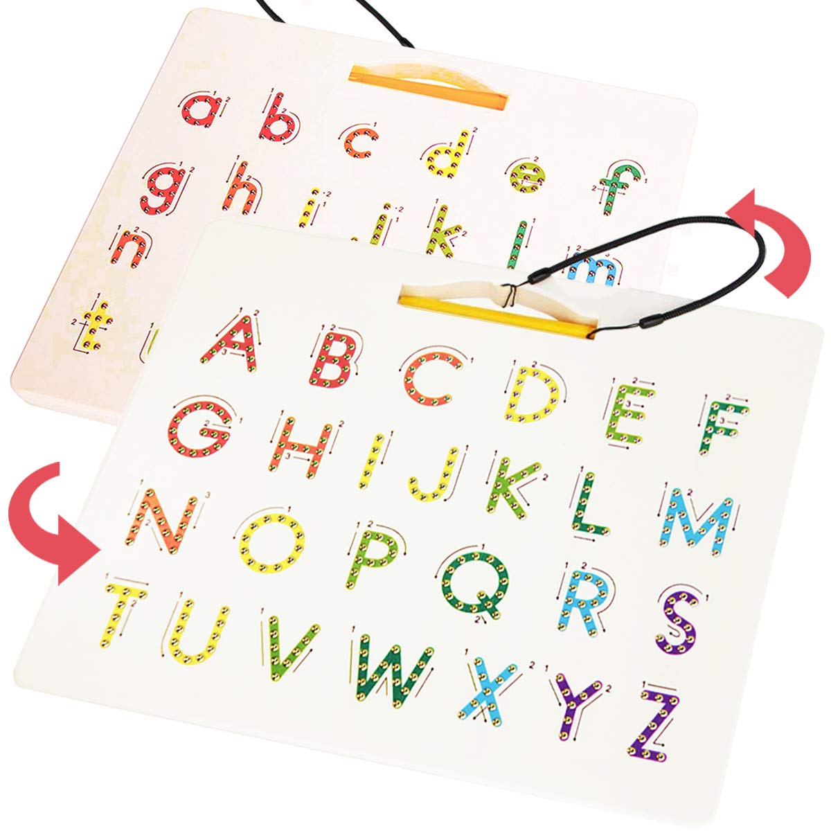 CozyBomB double-sided letter board for alphabet exploration and handwriting practice.