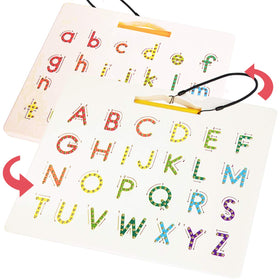 CozyBomB double-sided letter board for alphabet exploration and handwriting practice.