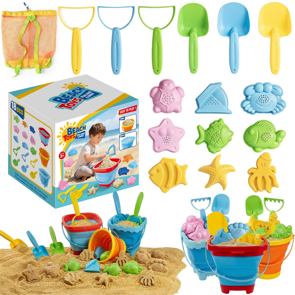 Cozycharm foldable buckets for beach play, compact and travel-ready for family trips.