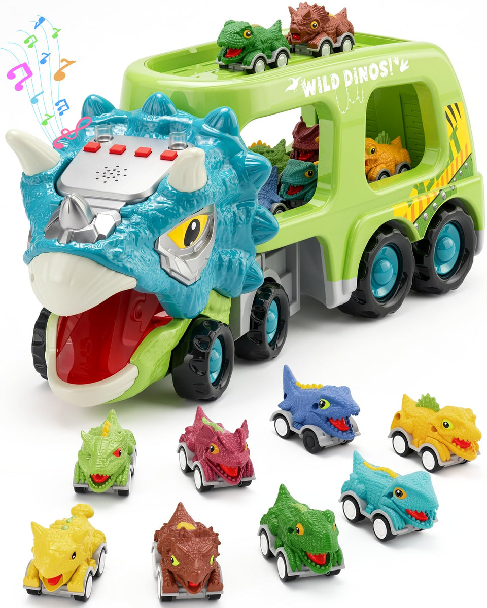 Cozycharm dinosaur transport truck with detachable cabin for imaginative play.