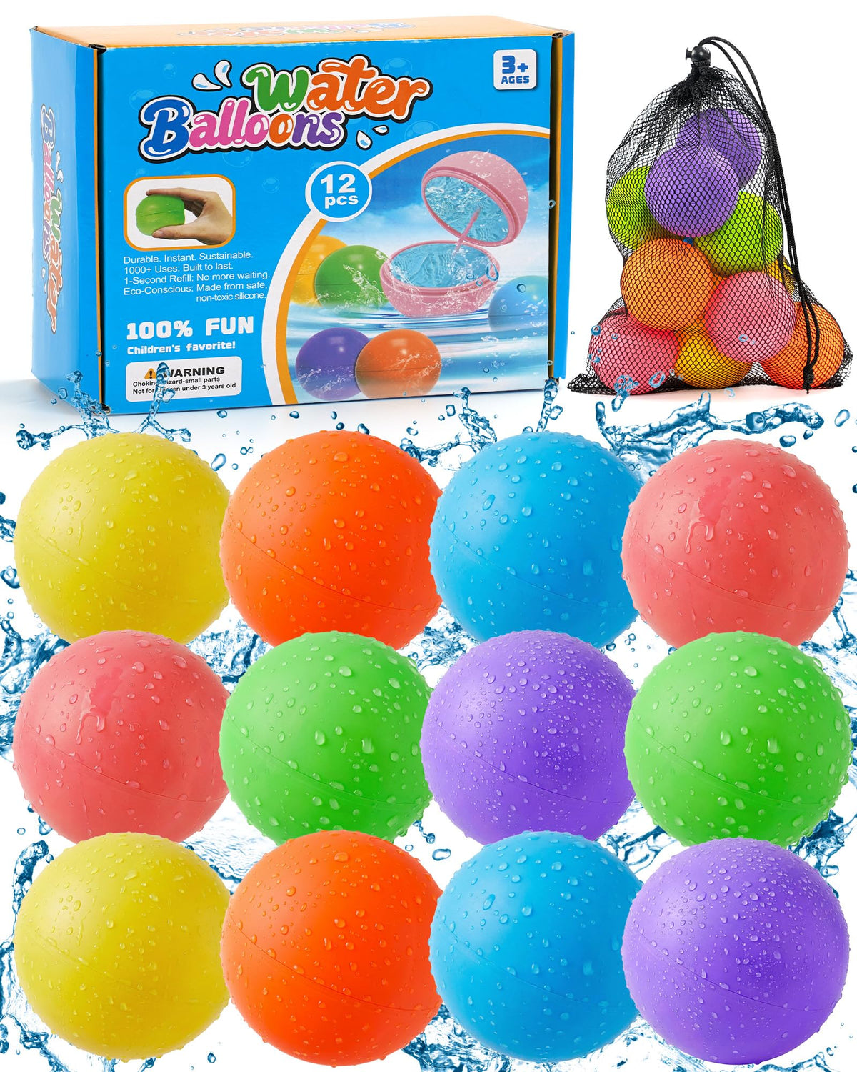 Cozycharm reusable water balloons 12-pack close-up, built tough for many splashes.