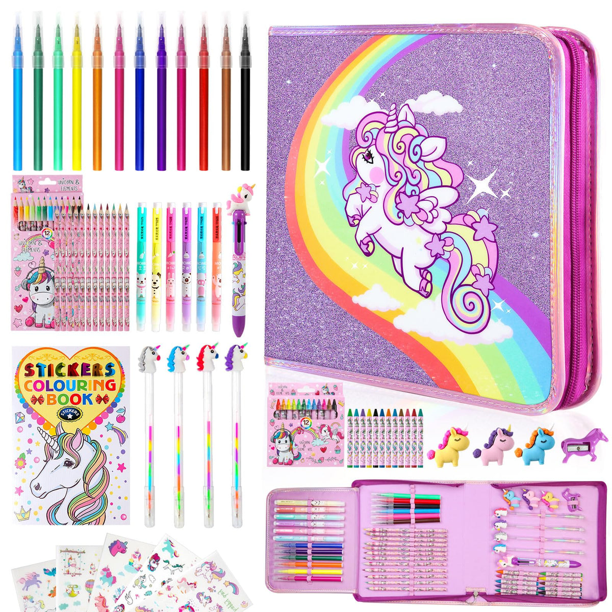 CozyJoyz Unicorn Marker Set opens to reveal a complete art kit for kids' creativity.