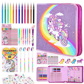CozyJoyz Unicorn Marker Set opens to reveal a complete art kit for kids' creativity.