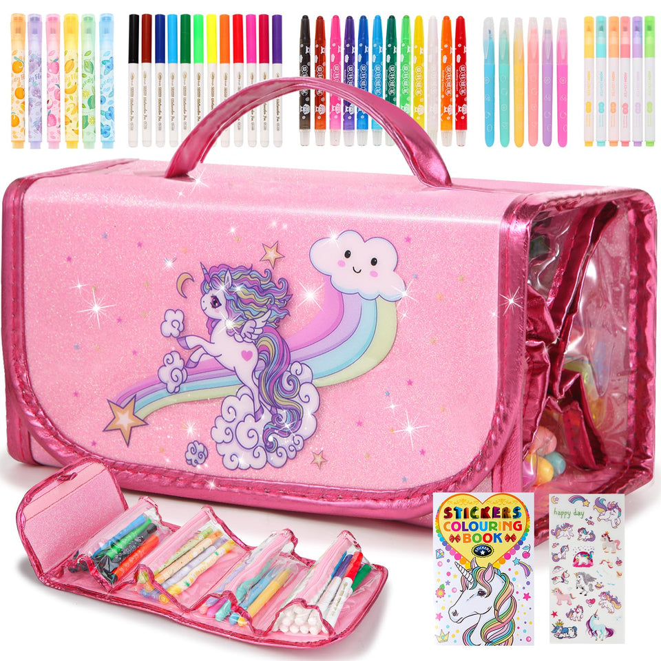 CozyJoyz glittery unicorn pencil case keeps markers organized on the go